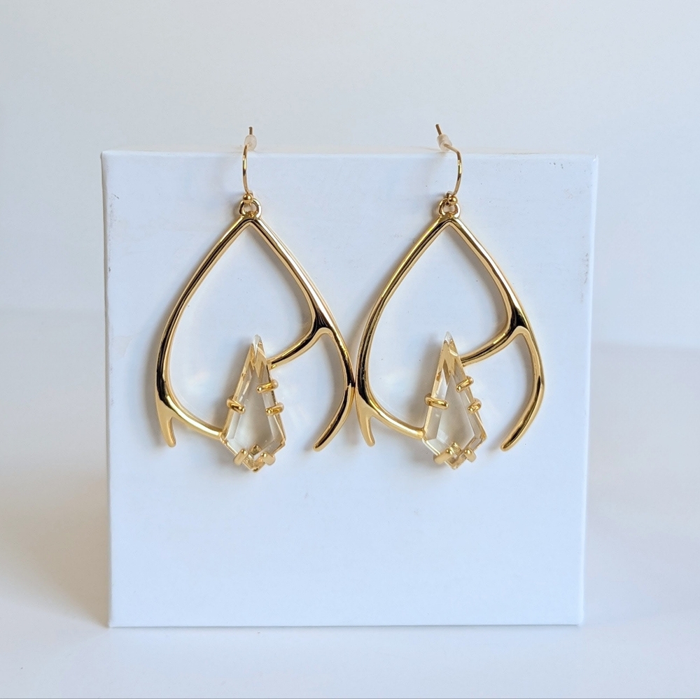 Alexis Bittar Abstract Frame Drop Earrings Clear Faceted Center Gold Tone
